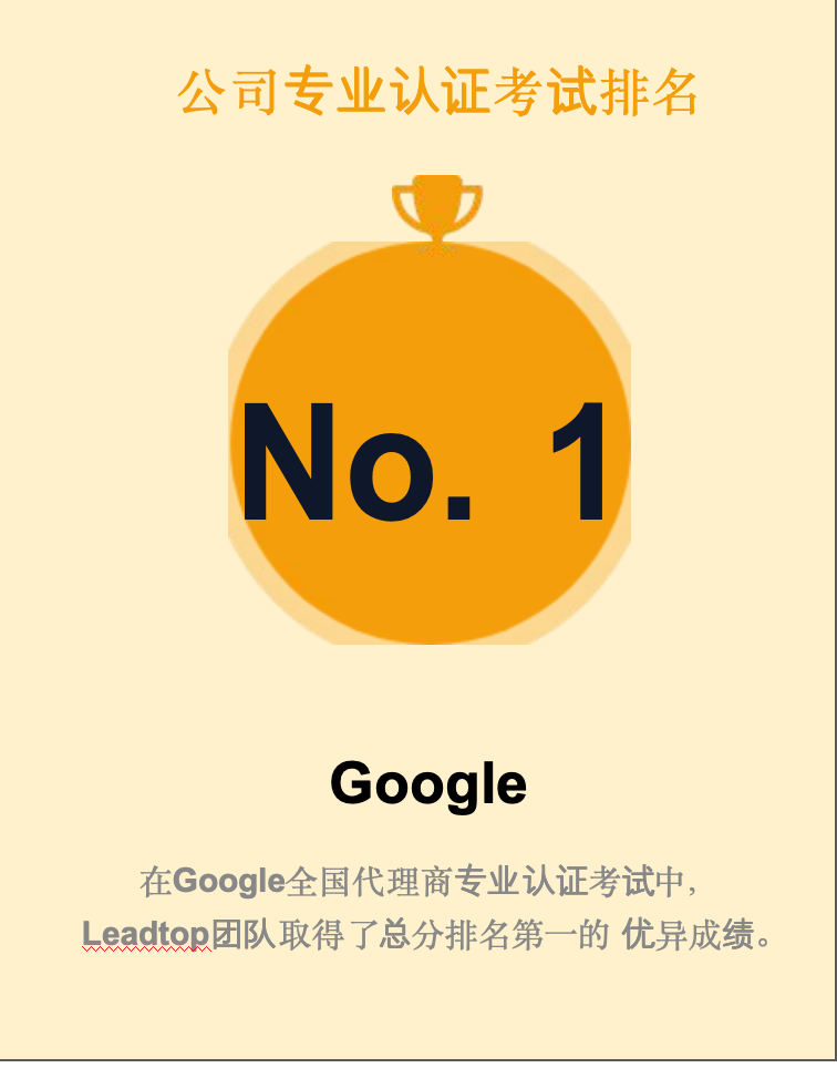 Leadtop 团队 Google 全国代理商专业认证考试排名第一